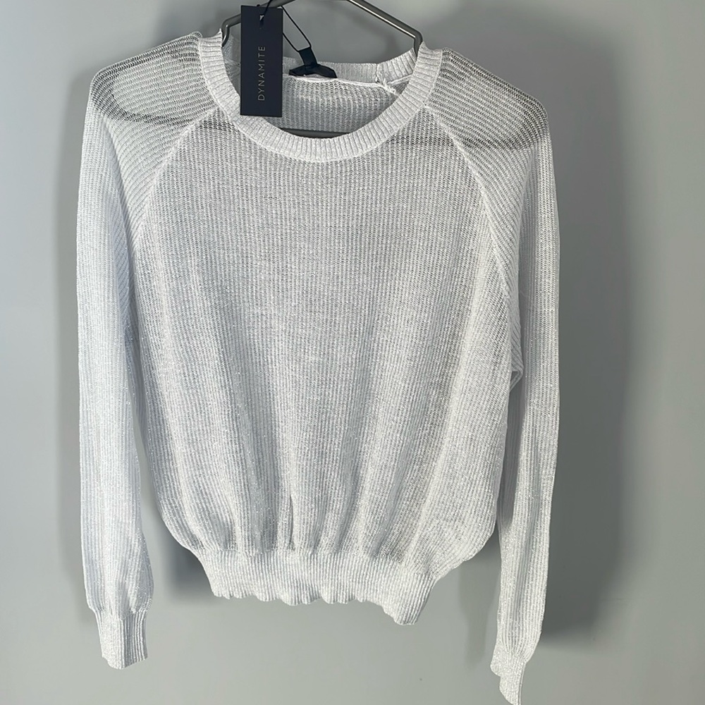 NWT Sheer Lurex Crew Neck sweater light grey with silver lurex